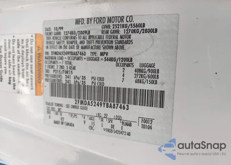 2000 Ford Windstar Se из США, поврежденный, VIN 2FMDA5249YBA87463